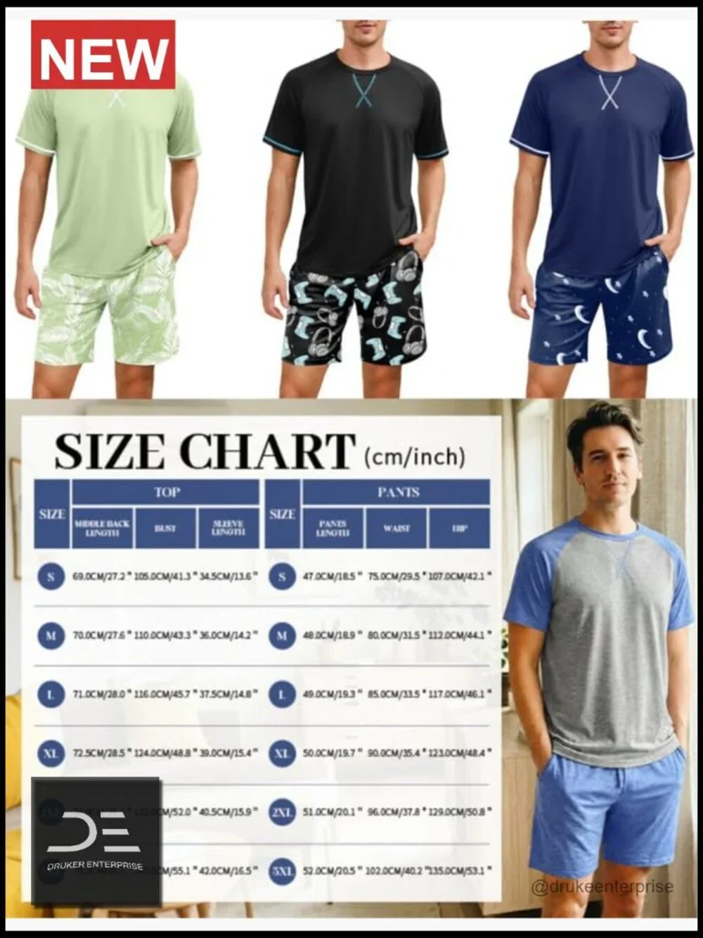Men's Cotton Pajama Set Short Sleeve Summer Sleepwear 2 Piece with Pockets